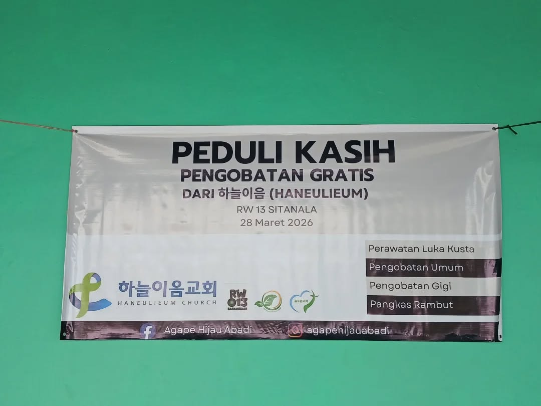 Spanduk Peduli Kasih Pengobatan Gratis di RW 13 Sitanala, 28 Maret 2026