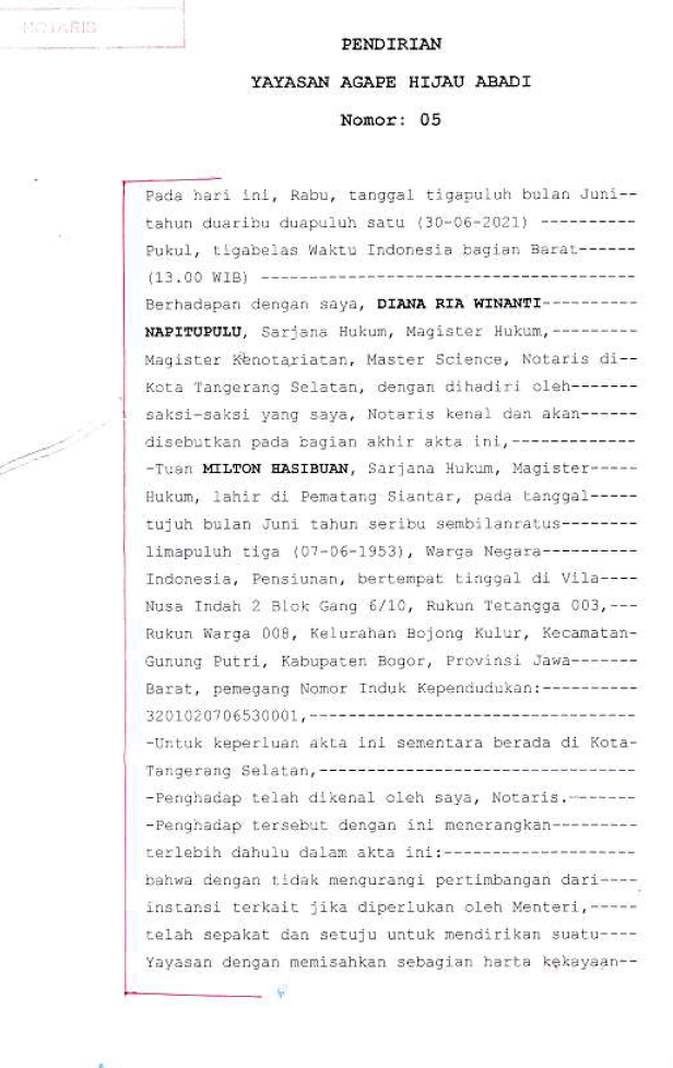 Halaman pertama isi Akta Pendirian Yayasan Agape Hijau Abadi